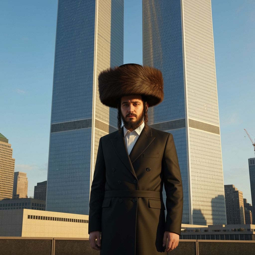 Chassidic Man in Shtreimel Before Twin Towers
