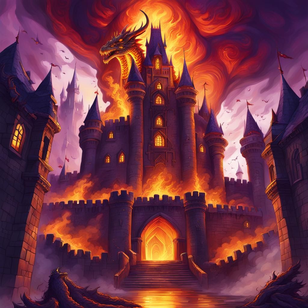 Dragon Burns Castle: Dark Fantasy Concept Art