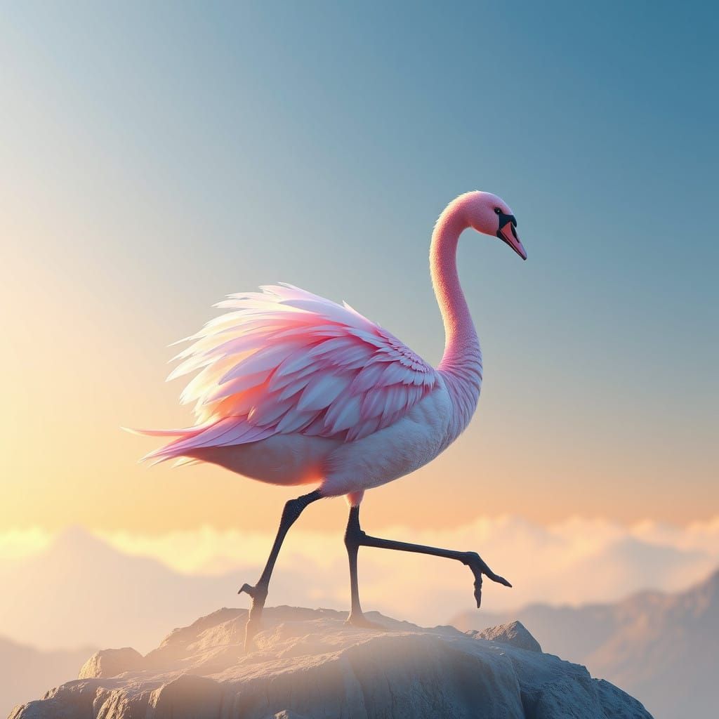 Majestic Pink Swan on Misty Mountain Peak
