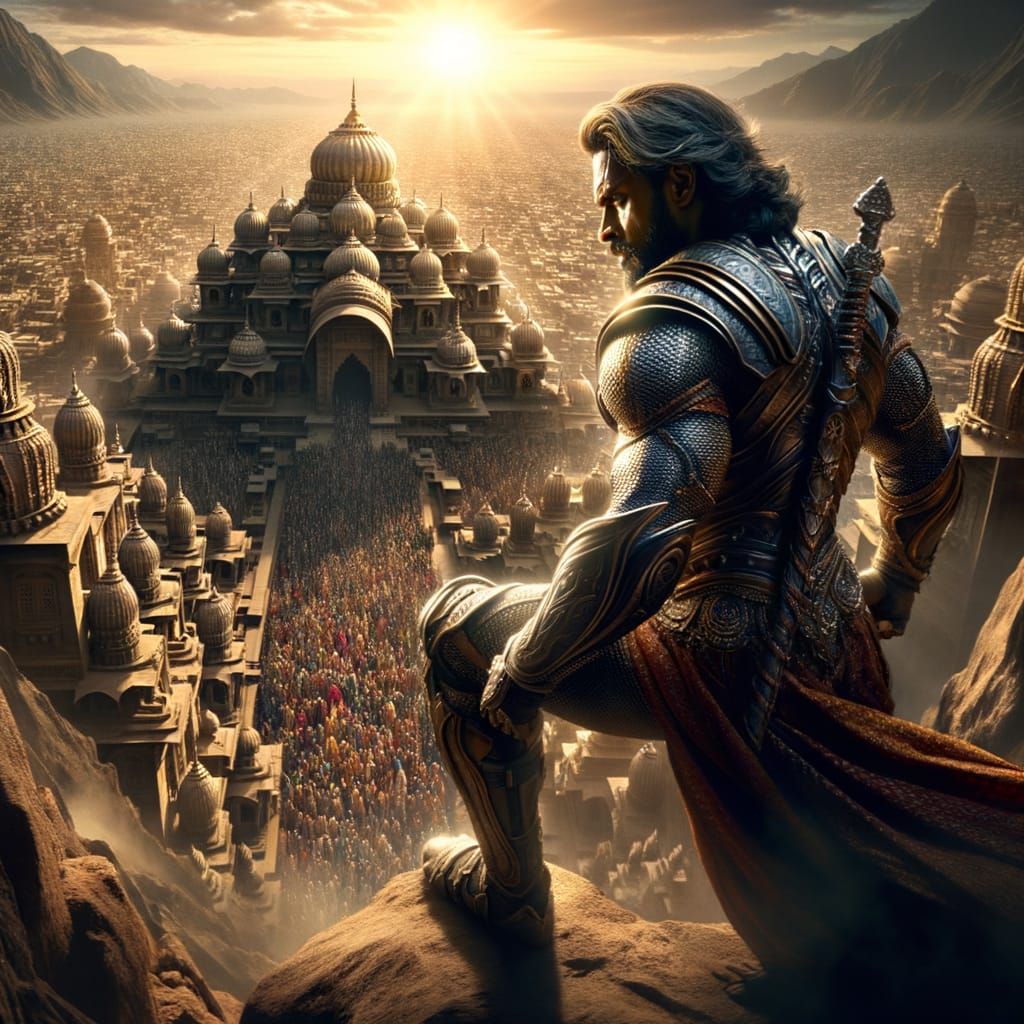 Epic Indian Hero at Sunset Over Majestic City