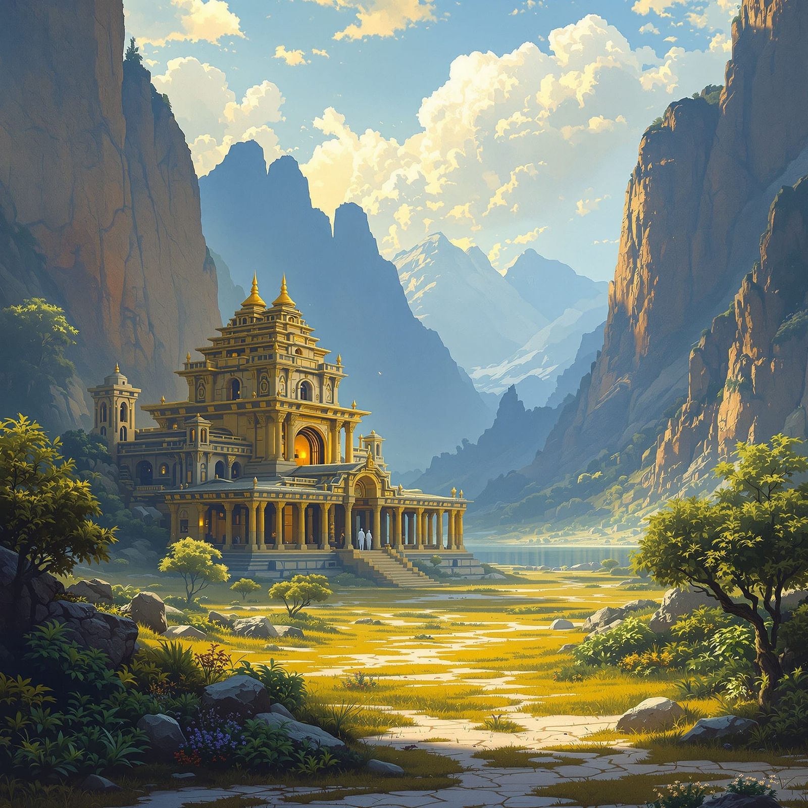 Alien Temple in Golden Light, Painterly Style
