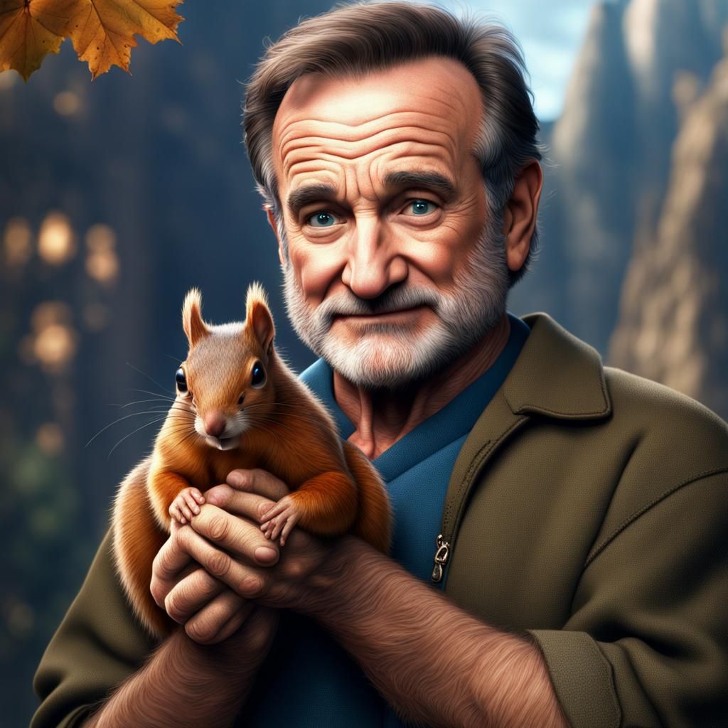 Robin Williams and Squirrel: Hyperrealistic Digital Portrait