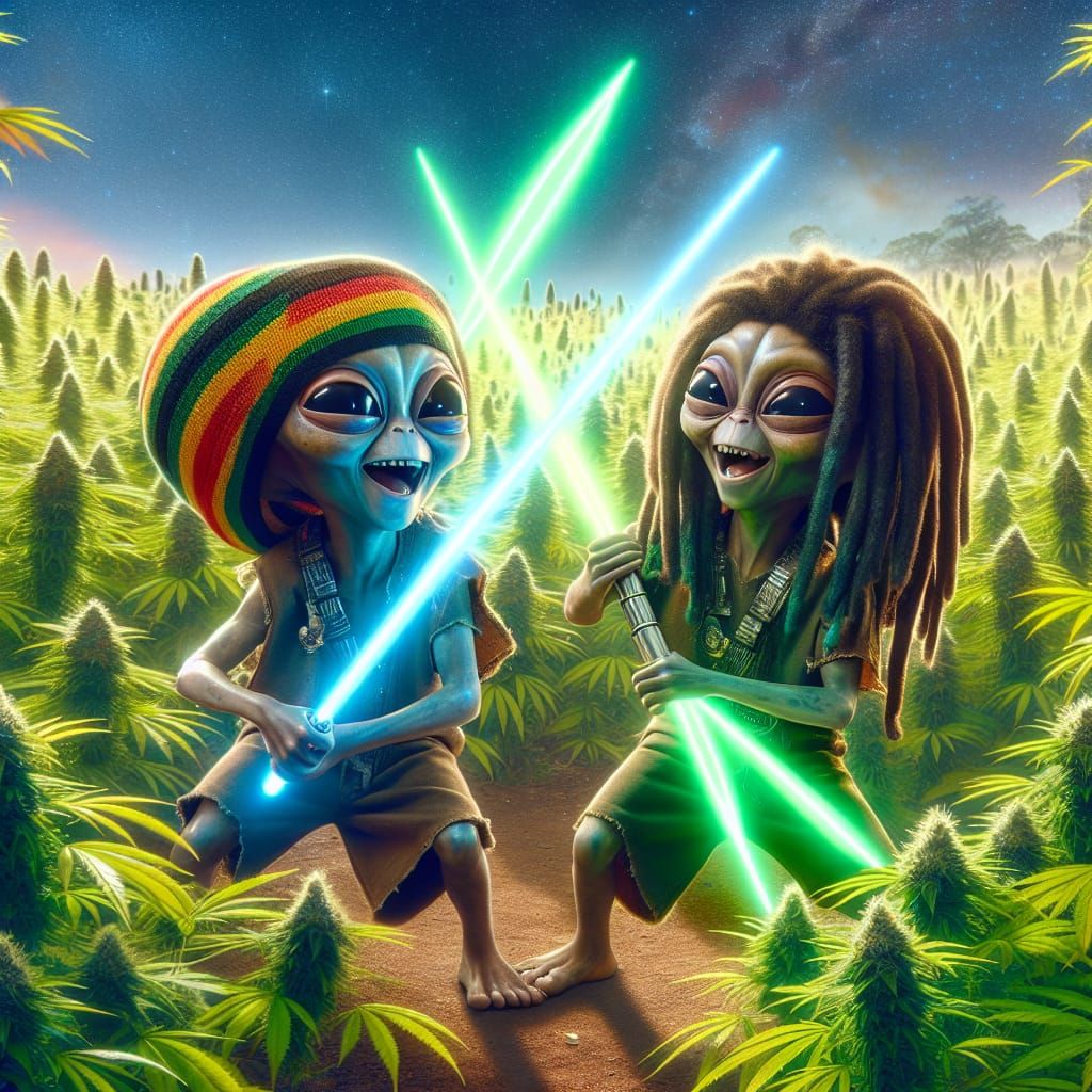 Rasta Alien Children Play in Cannabis Field