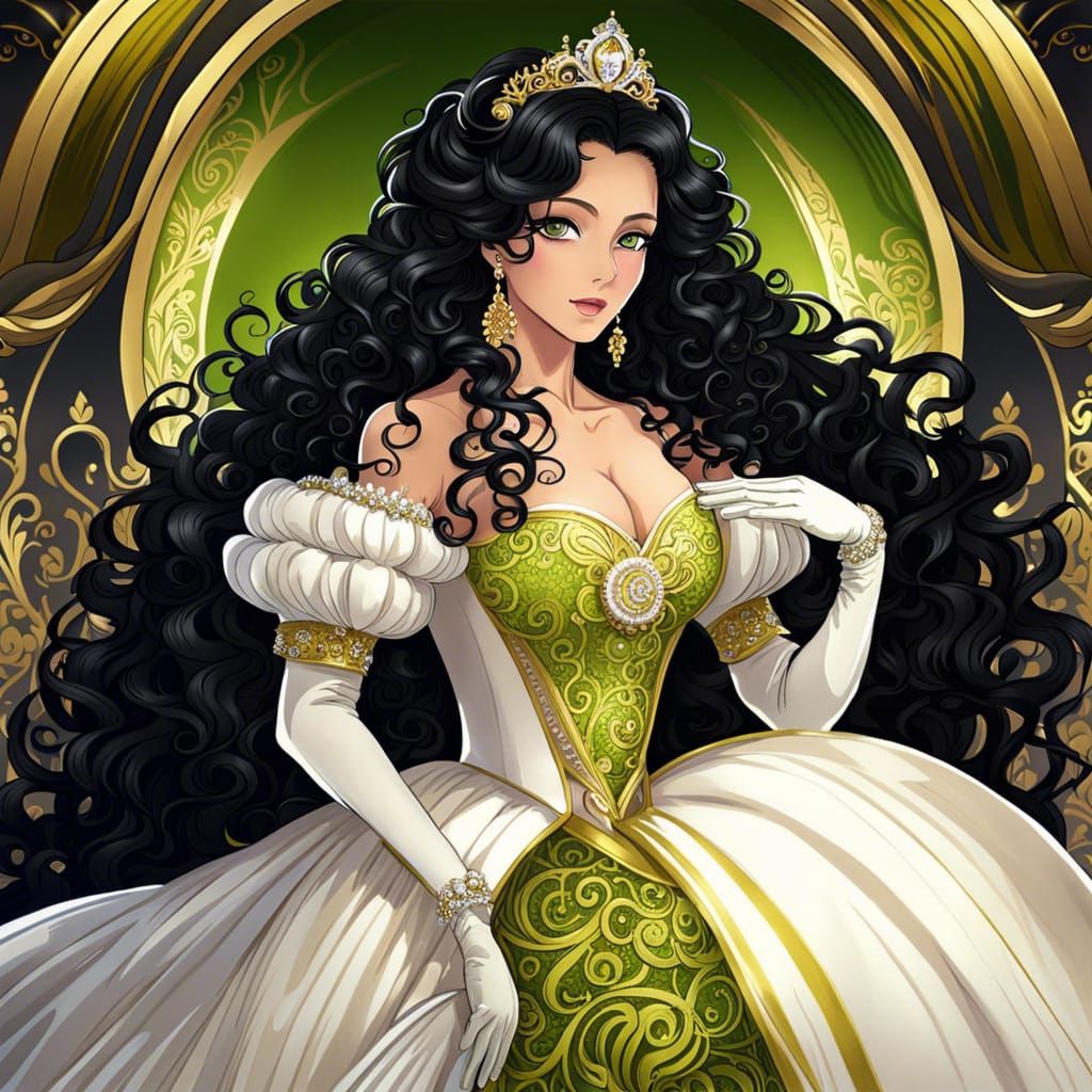 Anime Woman in White and Gold Gown