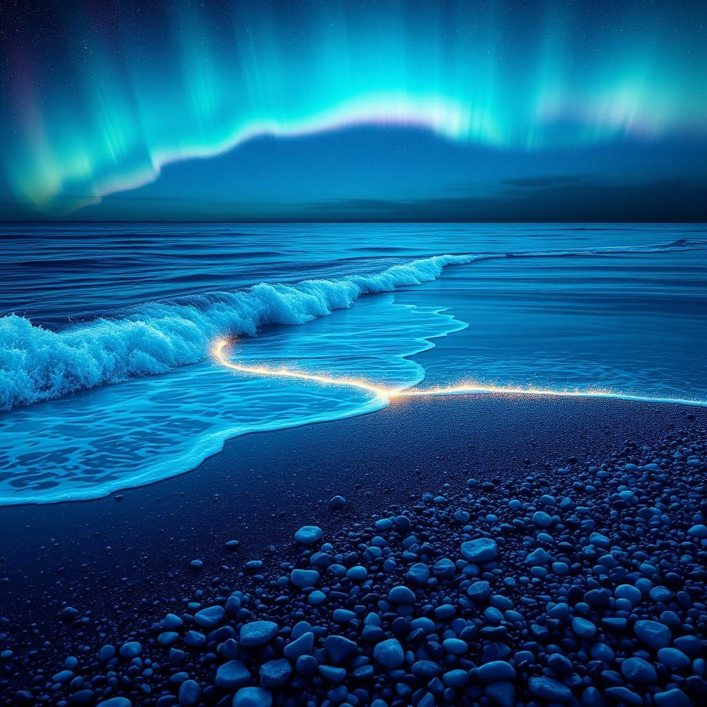 Dreamlike Seaside Scene with Sparkling Border of Light