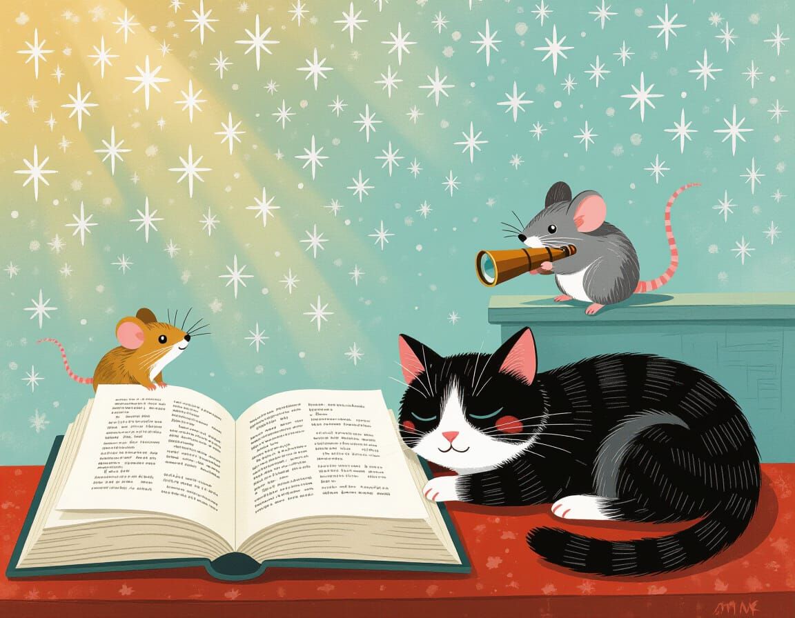 Whimsical Cat and Mouse Reading Adventure