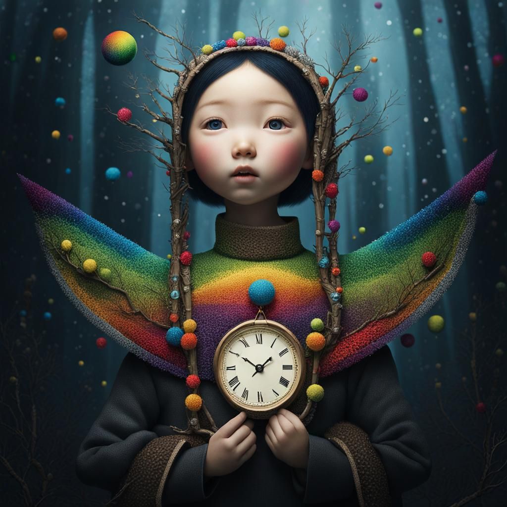 Rainbow Girls Watching a Star, Pointillist Art