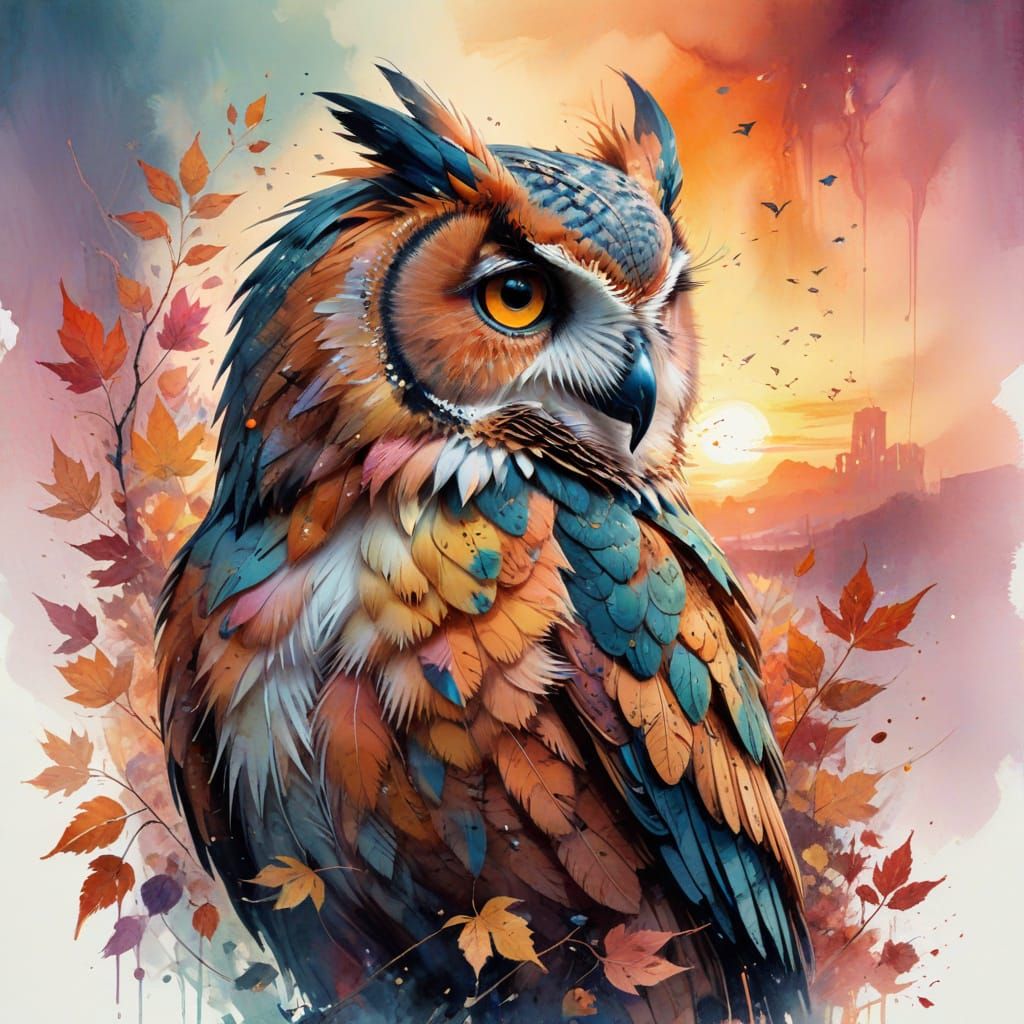 Owl Observes Autumnal World as Digital Watercolor
