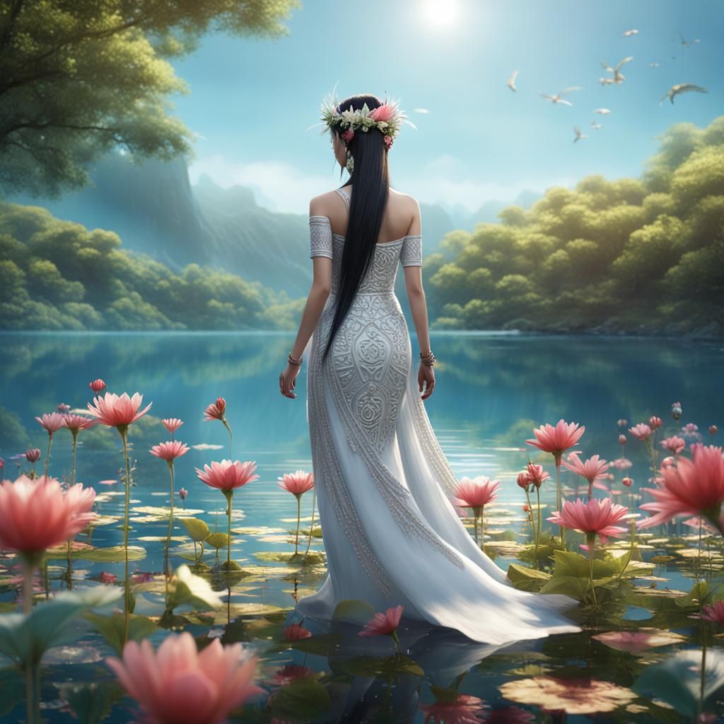 Hmong Woman in White Dress on Clear Lake