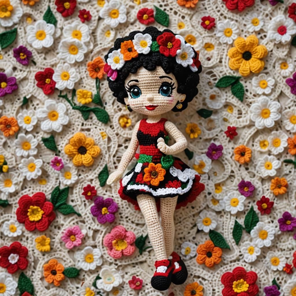 Crocheted Betty Boop with Flowers in Professional Photo