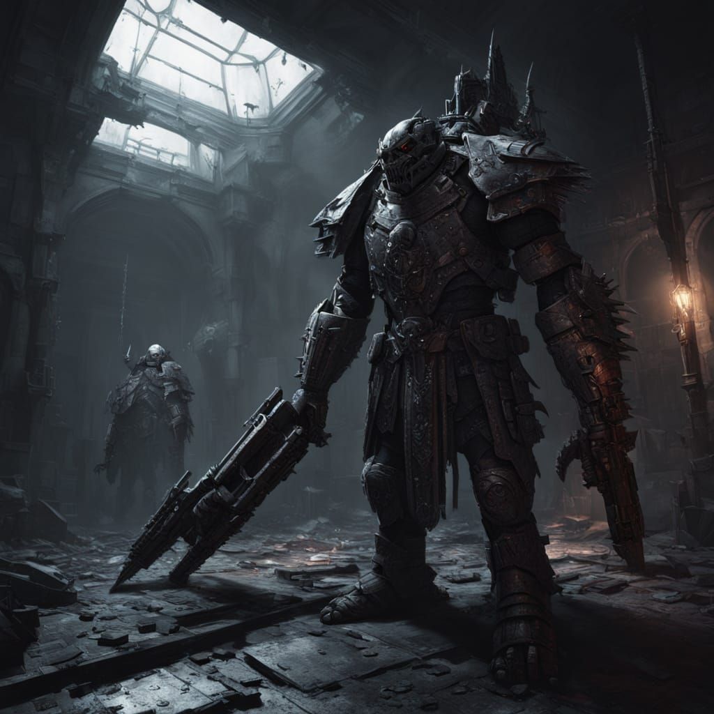 Grotesque Armored Figure Wielding Slug Throwers