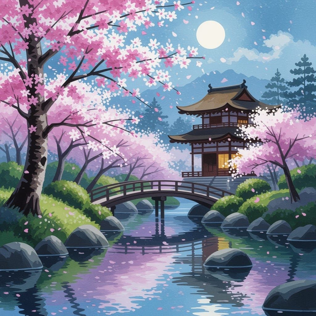 Surreal Japanese Garden Under Soft Moonlight