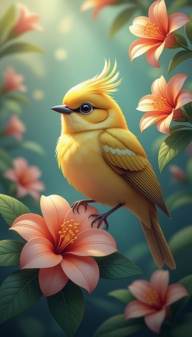 Cute Gold Tropical Bird with Flowers: Detailed Matte Paintin...