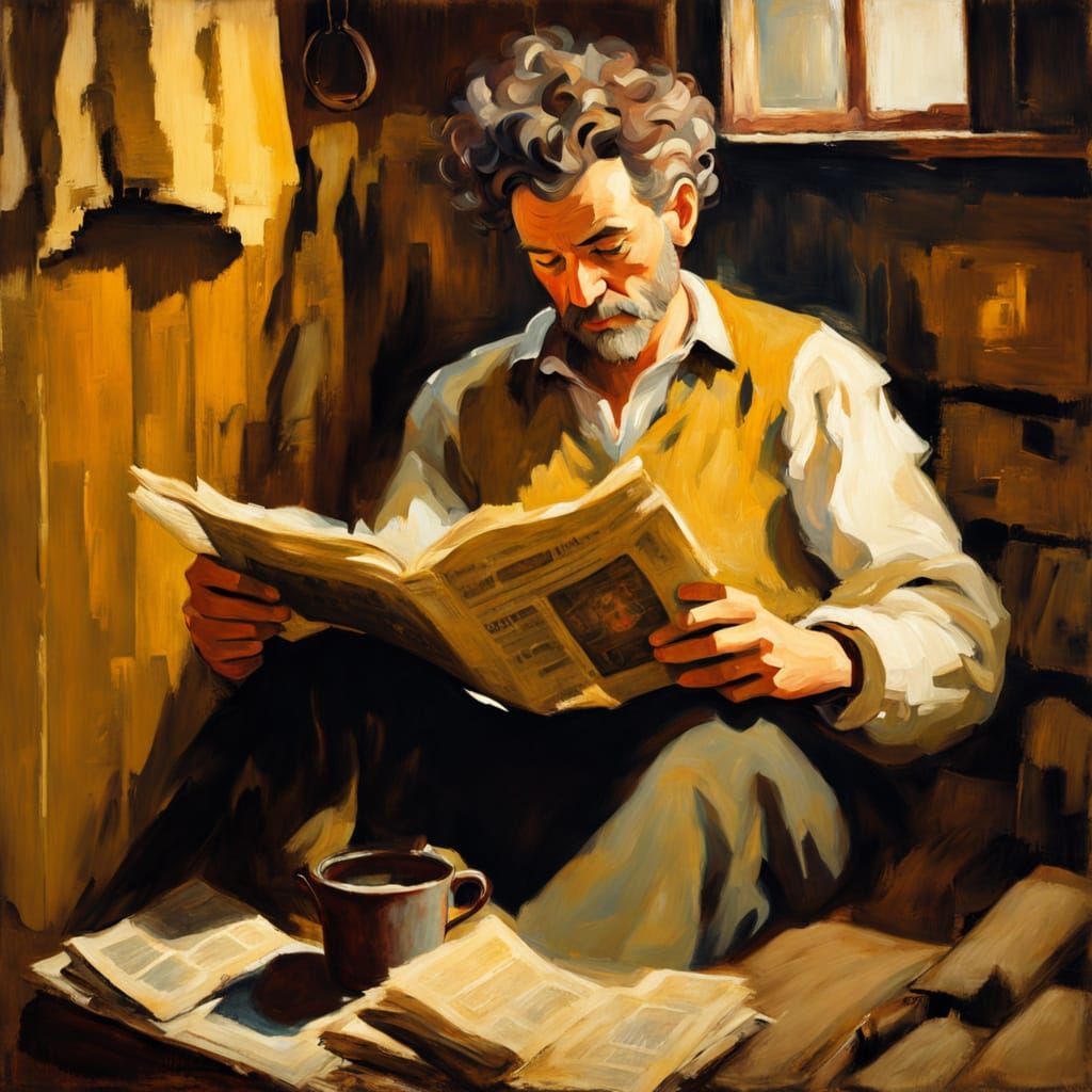 Noah Reads Newspapers in Cozy Ark: Oil Painting
