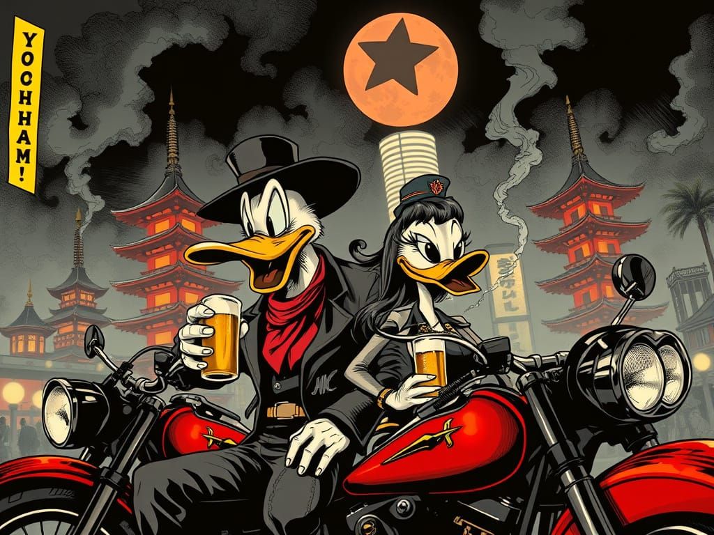 1910s Comic Cover: Leather-Clad Ducks in Retro-Futuristic Yo...