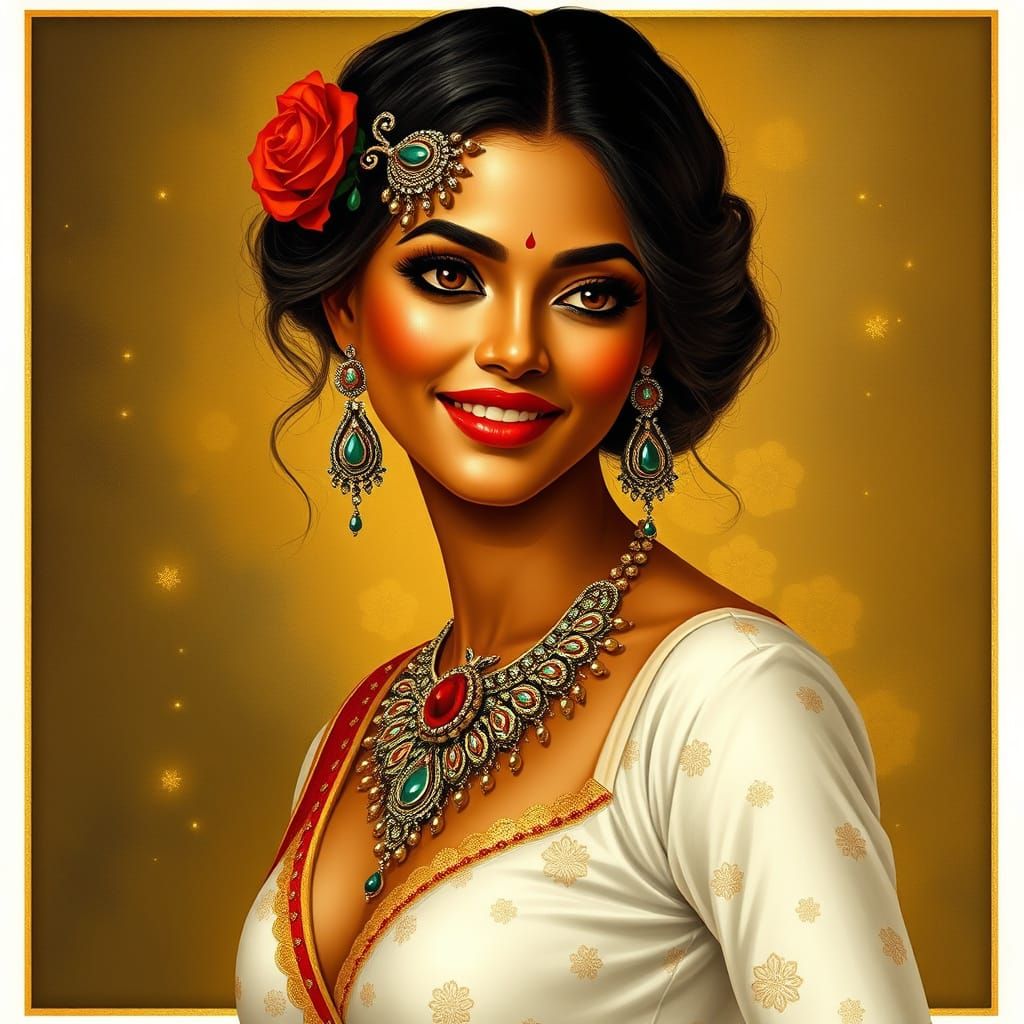 Stunning Indian Woman in Golden Jewelry Adornments