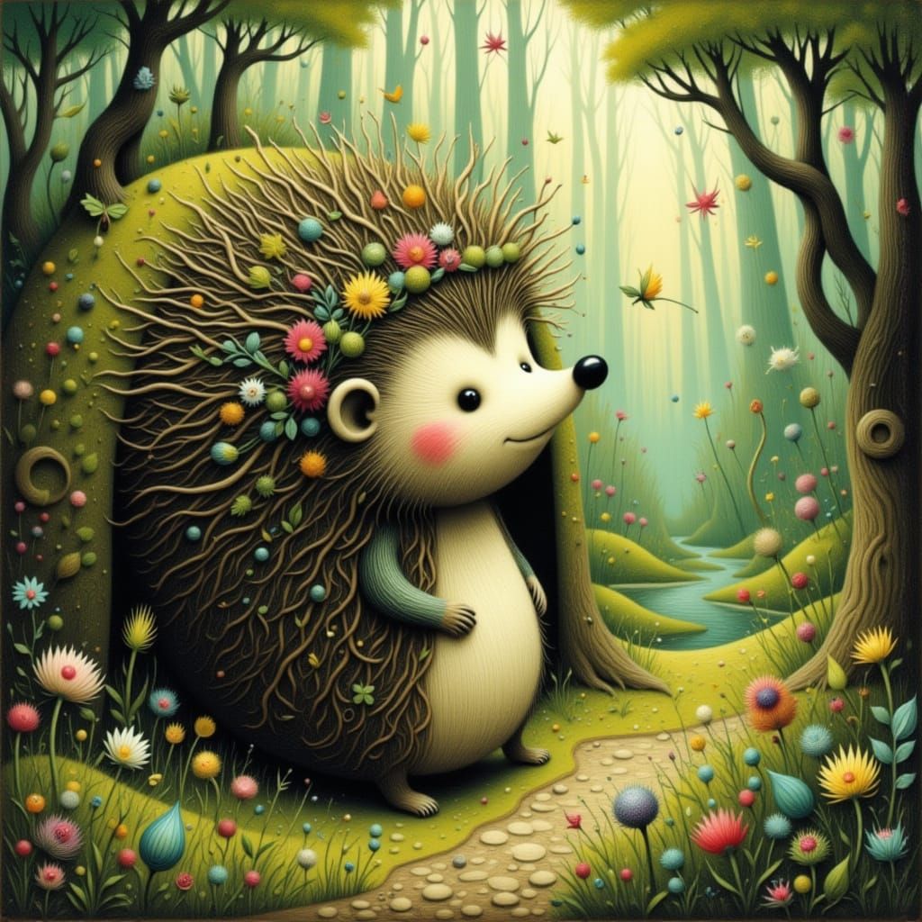 Whimsical Hedgehog in Enchanted Forest Burrow