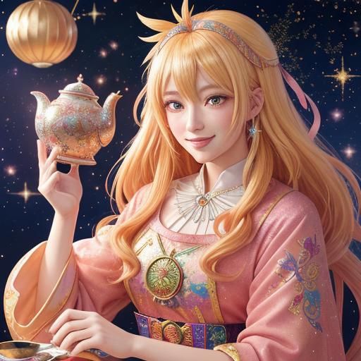 Anime Tarot Reader Celebration with Phoenix Hair