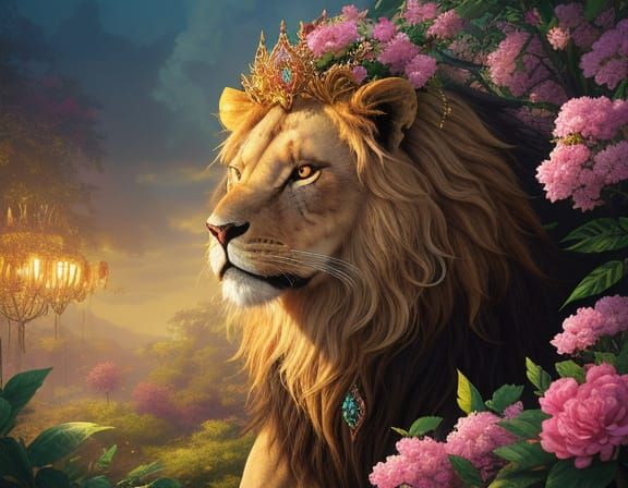 Majestic Lion in Alien Jungle Digital Painting