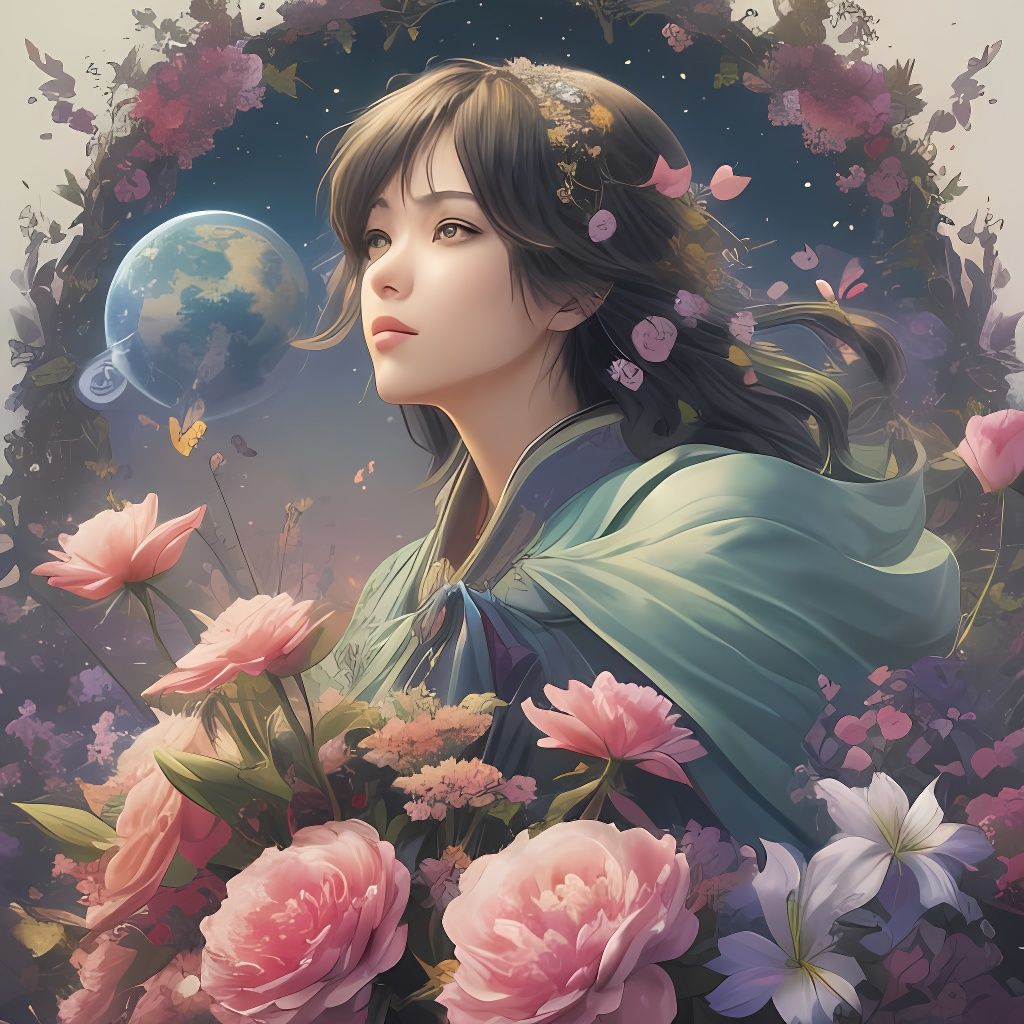 Handsome Fantasy Noble Surrounded by Vibrant Flowers and Cel...