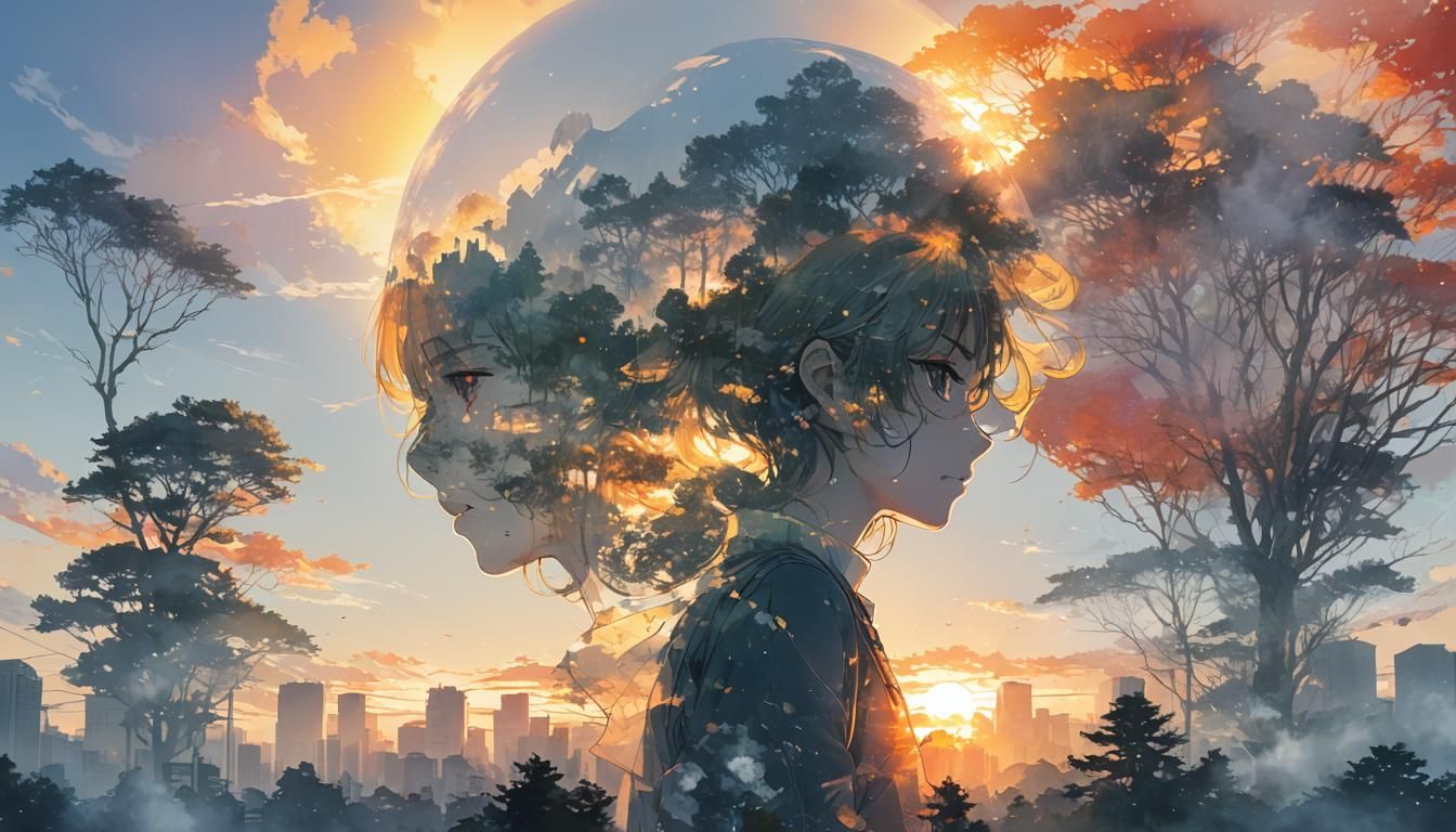 Sunrise Double Exposure in Anime Style