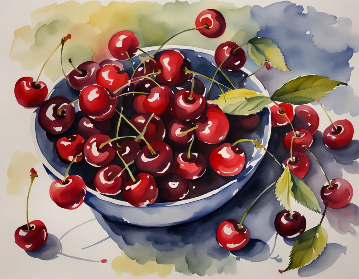 Bowl of Cherries in Watercolor Style