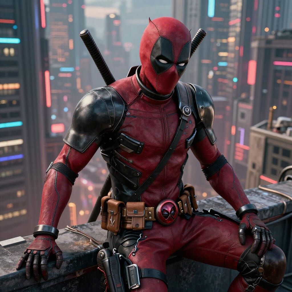 Deadpool Overlooks Futuristic Cyberpunk Cityscape