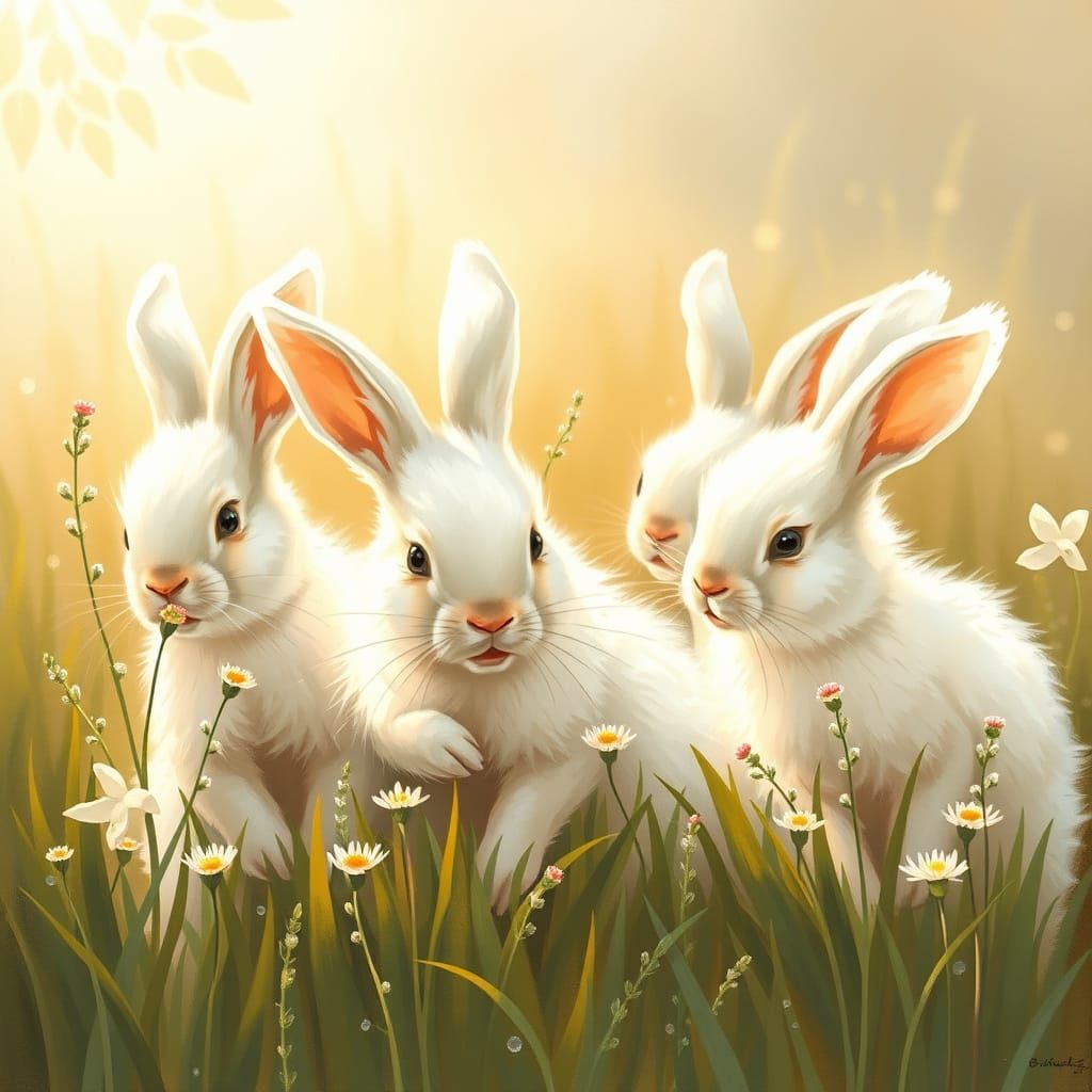 Fluffy Rabbits in Sunlit Meadow