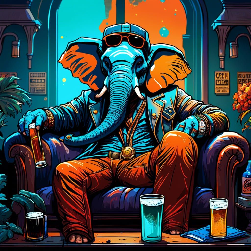 Elephant in Urban Clothes Watching TV, Comic Book Art