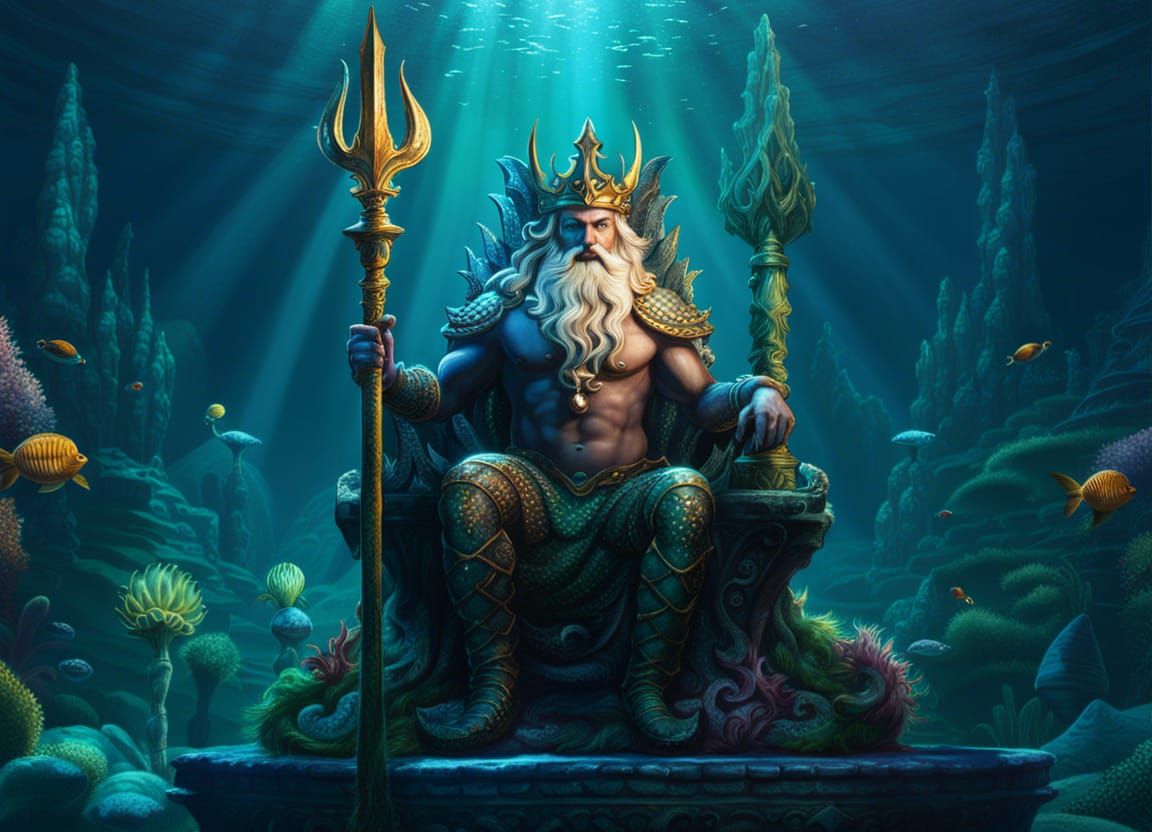 Underwater King Neptune Merman on Throne: Digital Art