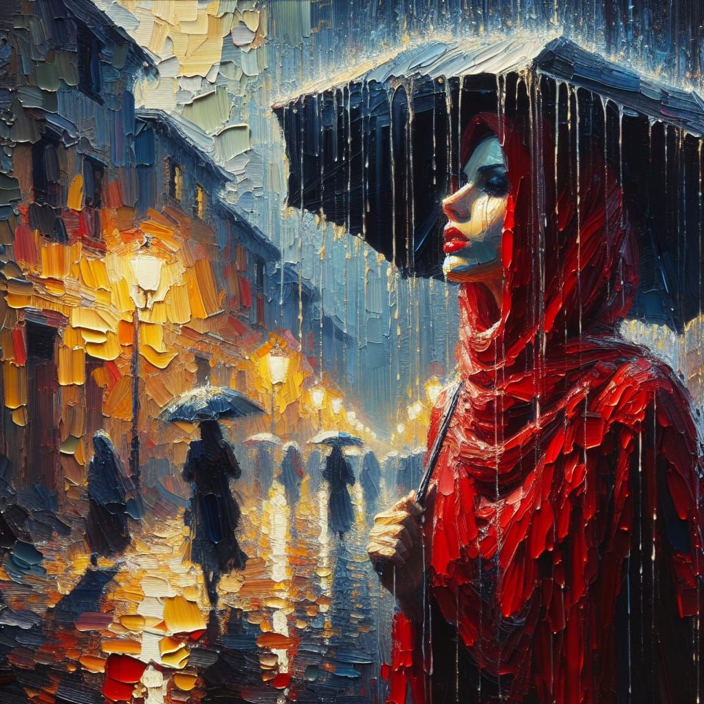 Woman in Red Strolls Through Heavy Night Rain