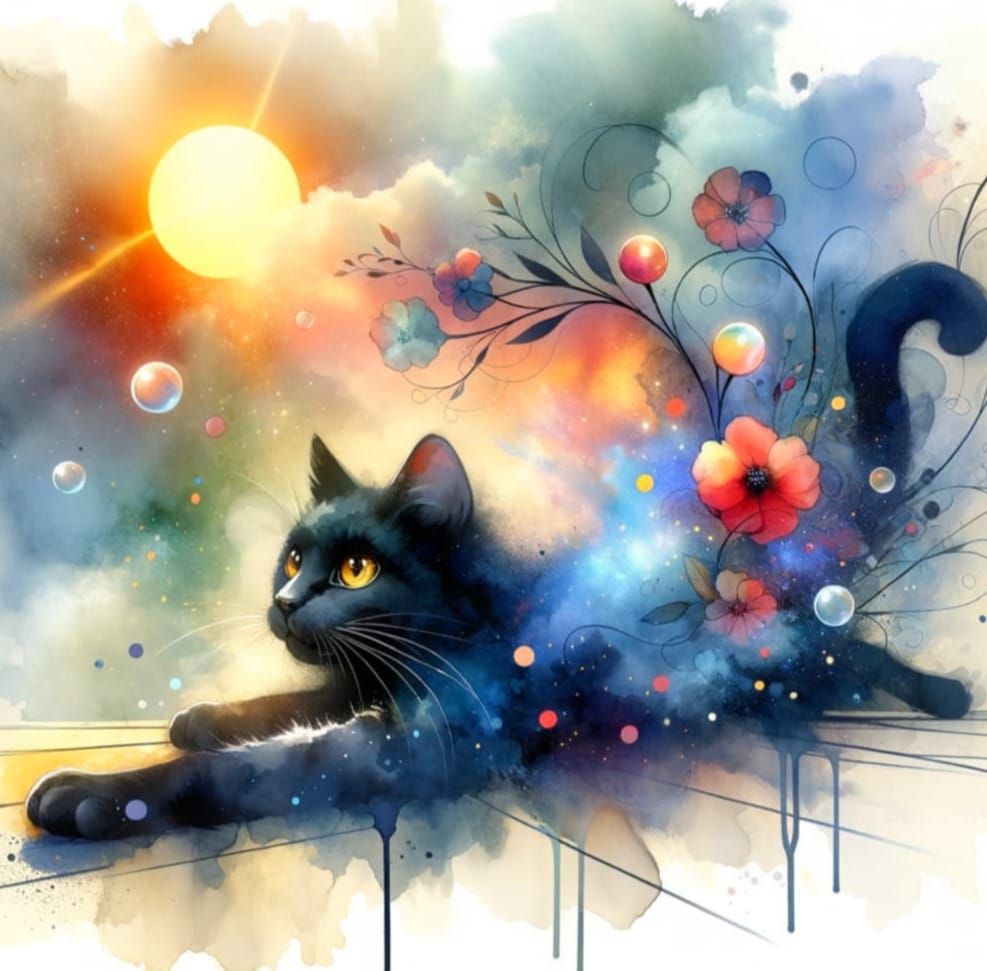 Whimsical Watercolor Cat in Fantastical Blizzard