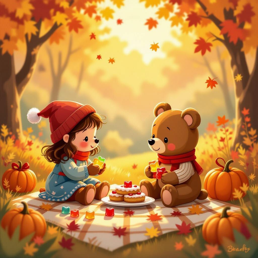 Whimsical Autumn Gummy Bears in Storybook Style