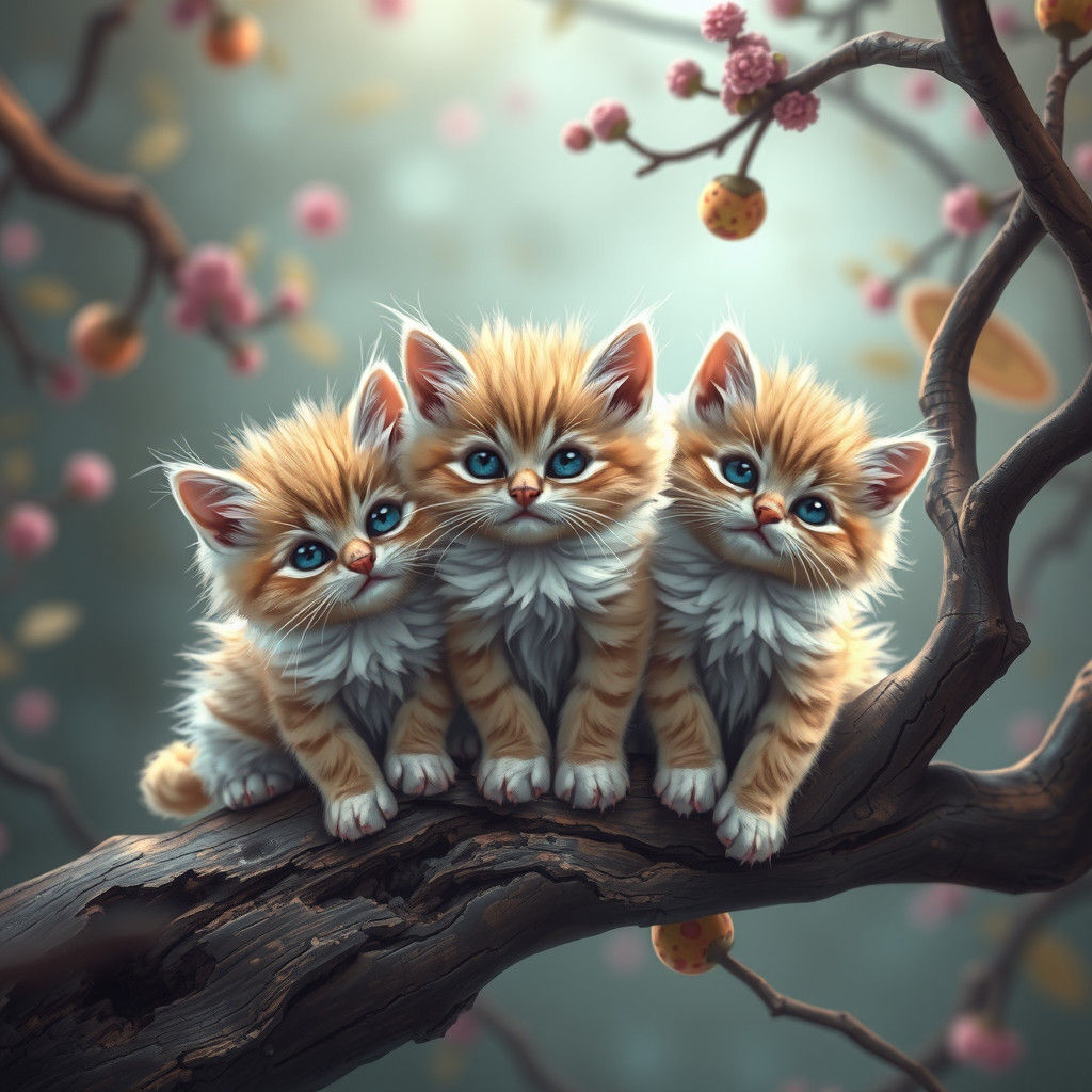 Whimsical Kittens on Branch: Dreamlike Concept Art