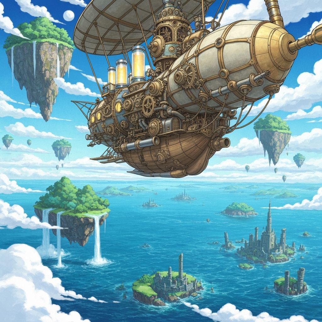 Steampunk Airship Over Floating Islands in Dreamlike Sky