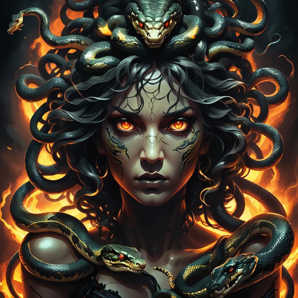 Dark Fantasy Medusa Portrait with Hissing Snakes