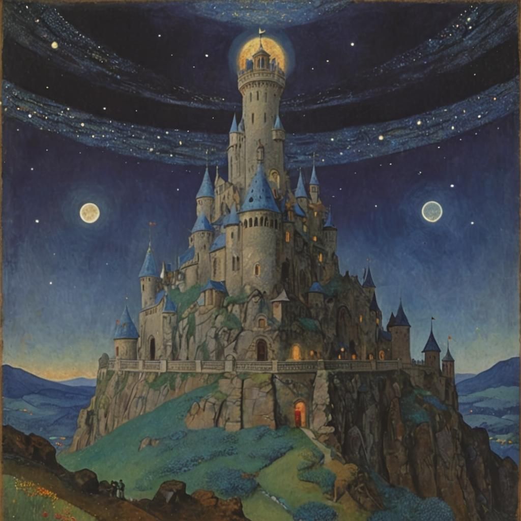 Whimsical Finnish Countryside Night Sky in Symbolic Style