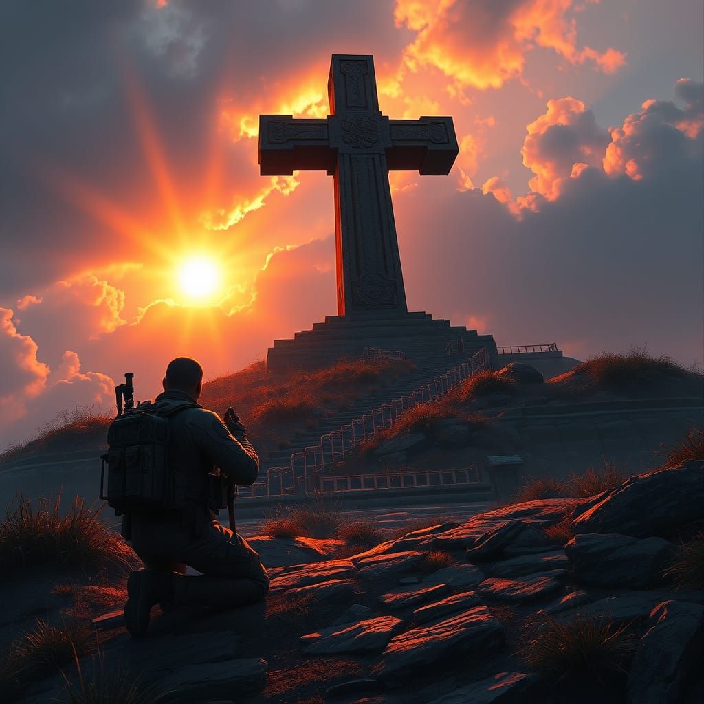 Dark Fantasy Soldier Prays to Ancient Cross in Dramatic Suns...
