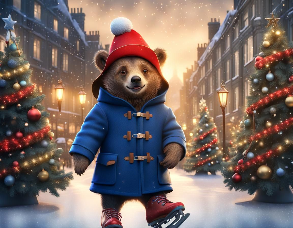 Paddington Bear Ice Skating in London at Christmas