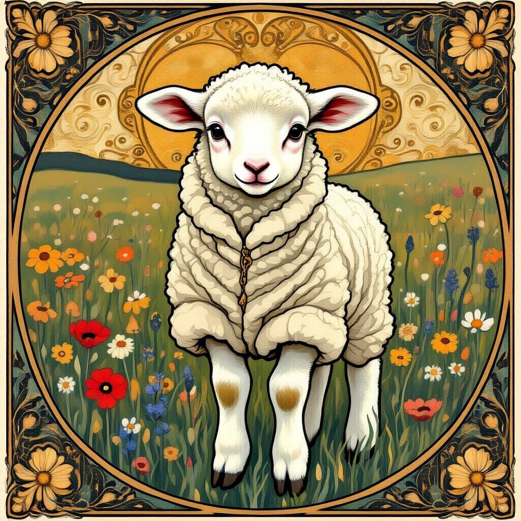 Nervous Lamb in Meadow, Klimt-Inspired Art Nouveau