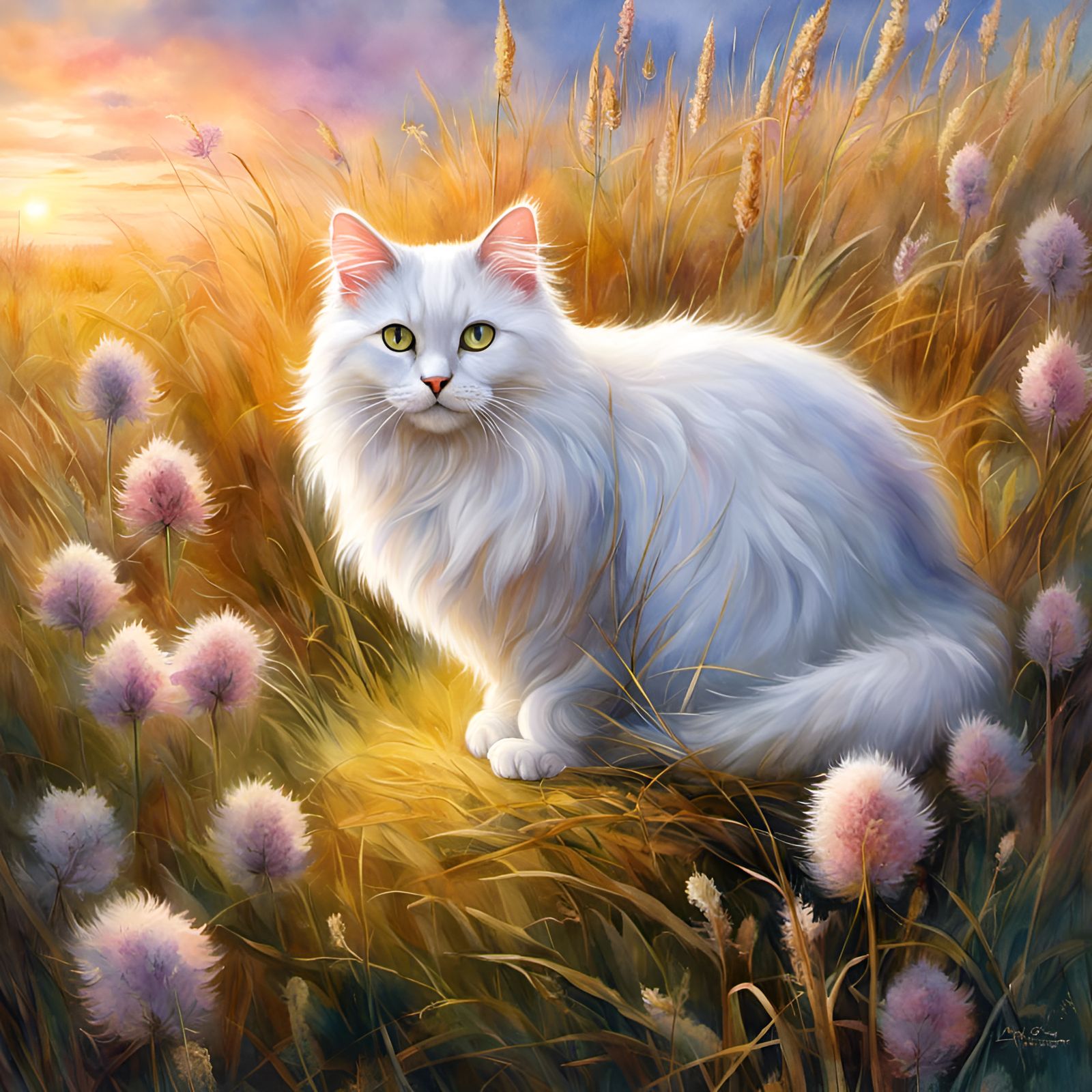 Angora Cat in Field Watercolor by Rutkowski and Dociu