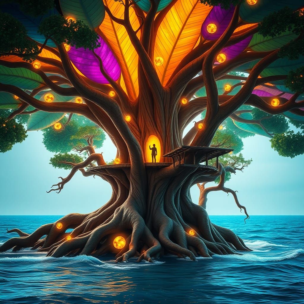 treehouse over the ocean. 
A huge Unreal looking tree. The leaves are larger than a football. Each leaf has a different ...