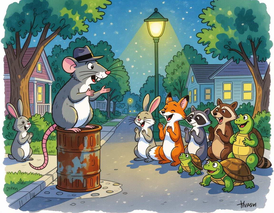 Anthropomorphic Rat Stand-Up Show in Watercolor Style