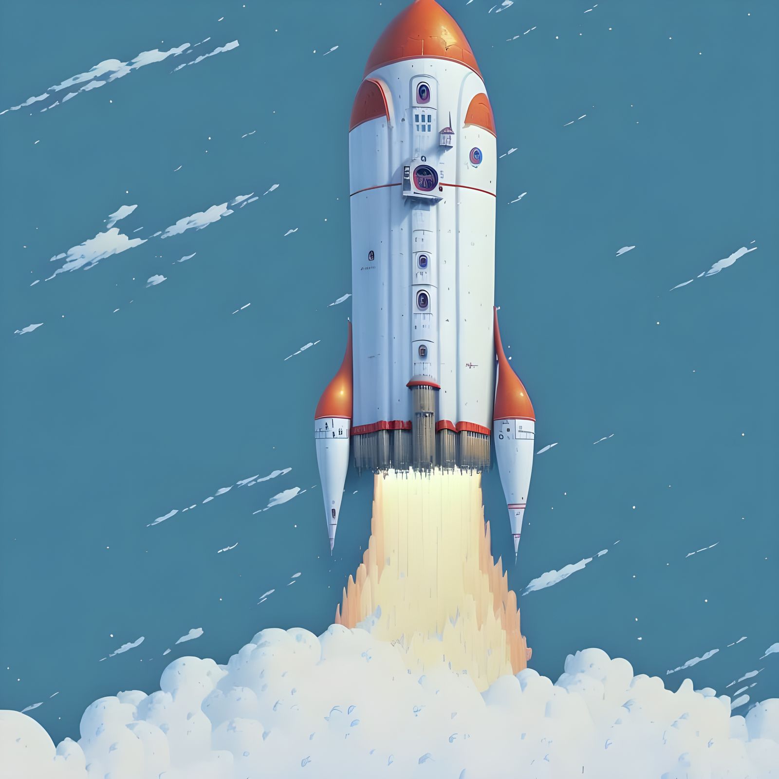 Rocket Launch with Giant Clocks in Surreal Sky