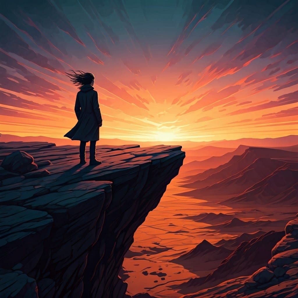 A Lone Figure Contemplates Desolation at Sunset