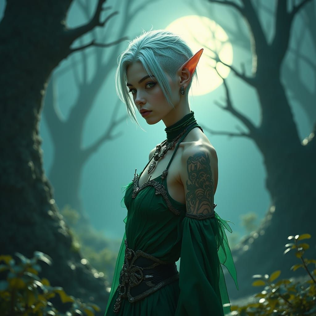 Mystical Elf in Moonlit Forest: Digital Matte Painting