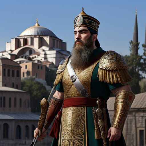 A bearded powerful Janissary outside the Hagia Sophia in Con...