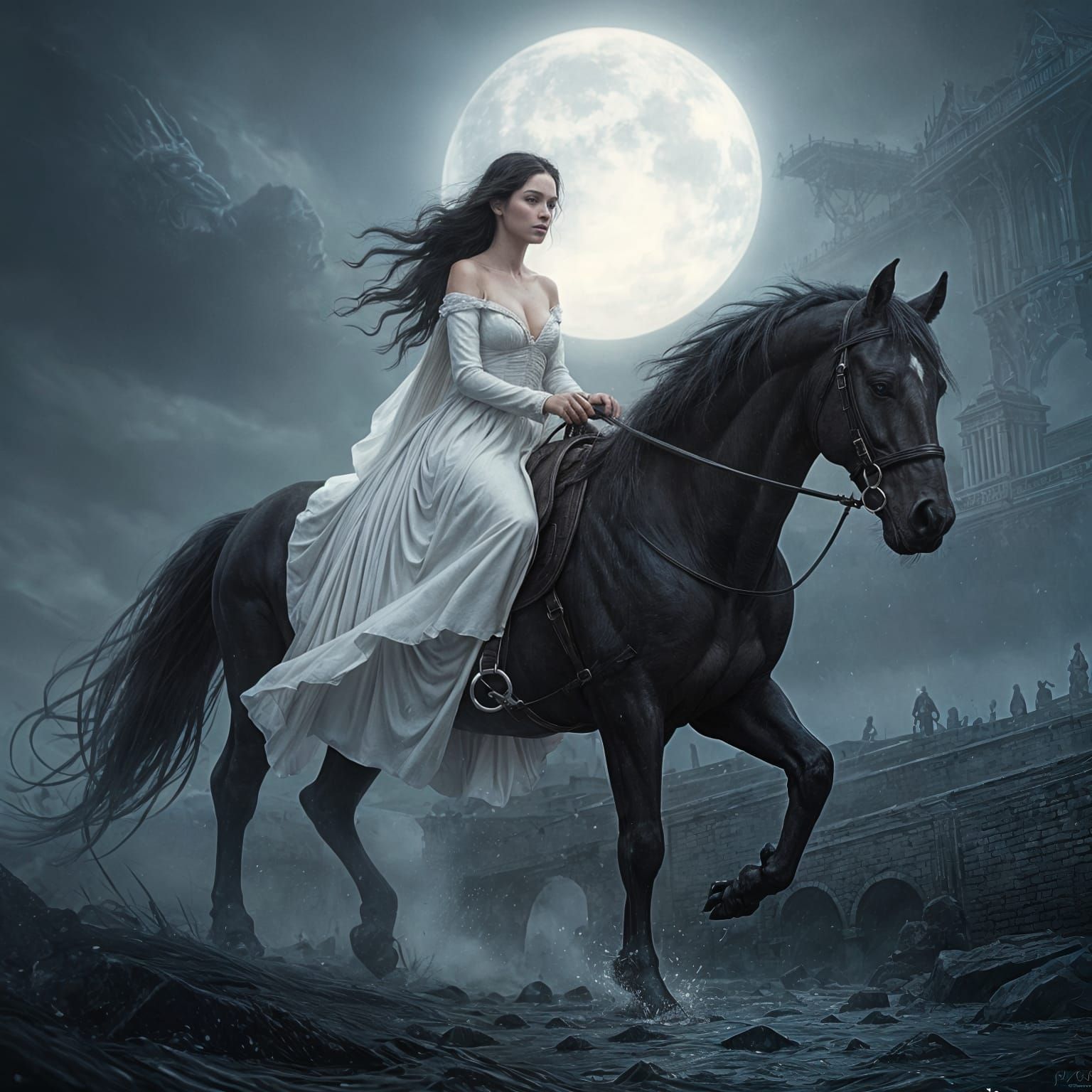 Woman in White Dress Rides Black Horse