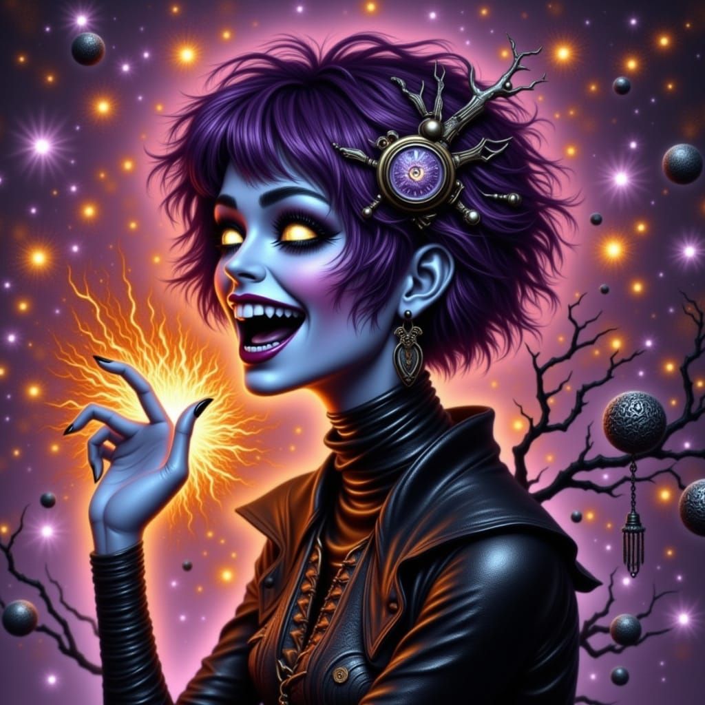 Steampunk Witch Screaming in Cyberpunk Style