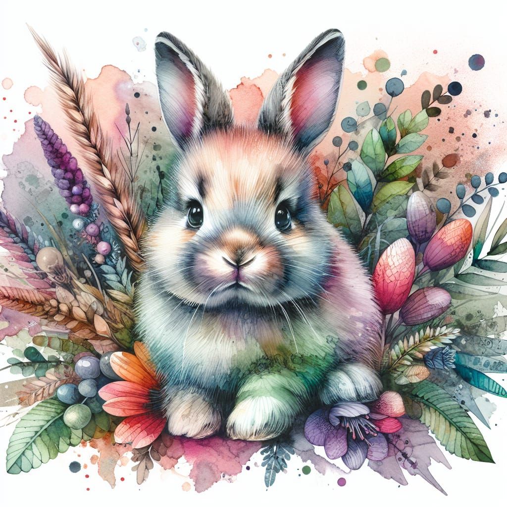 Watercolor Hare Painting with Maximalist Details